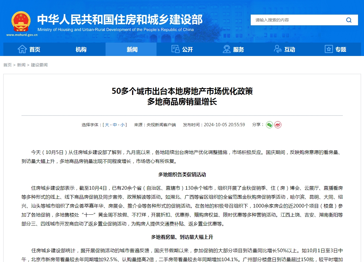 50多个城市出台本地房地产市场优化政策 多地商品房销量增长
